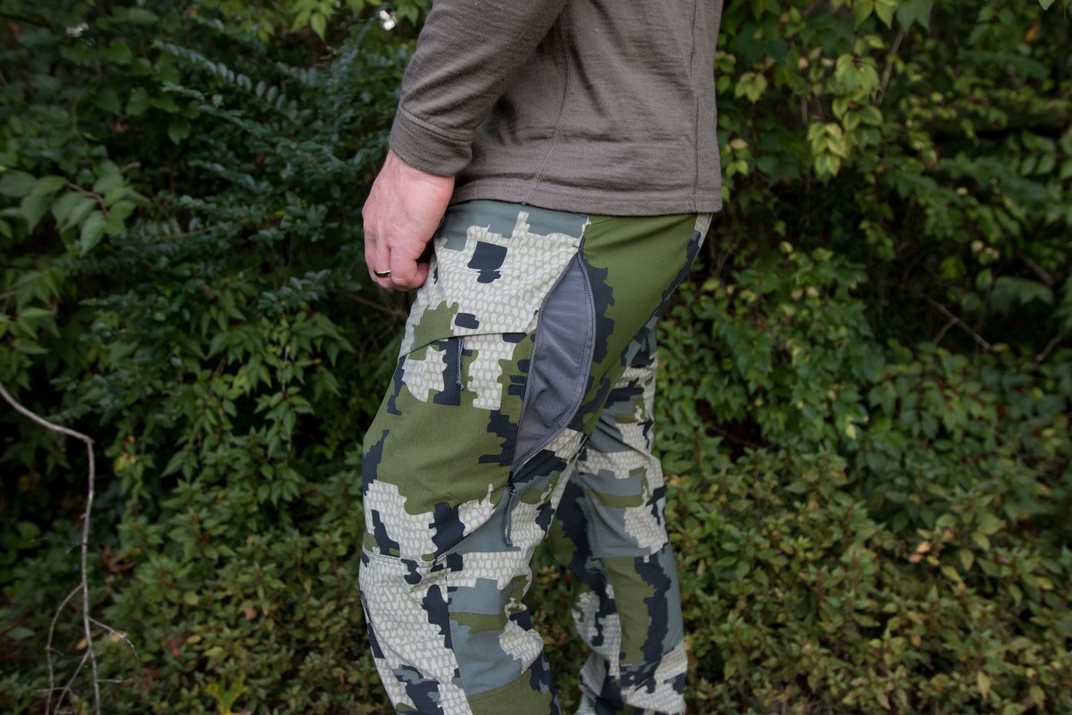 Hip vents unzipped on hunting pants
