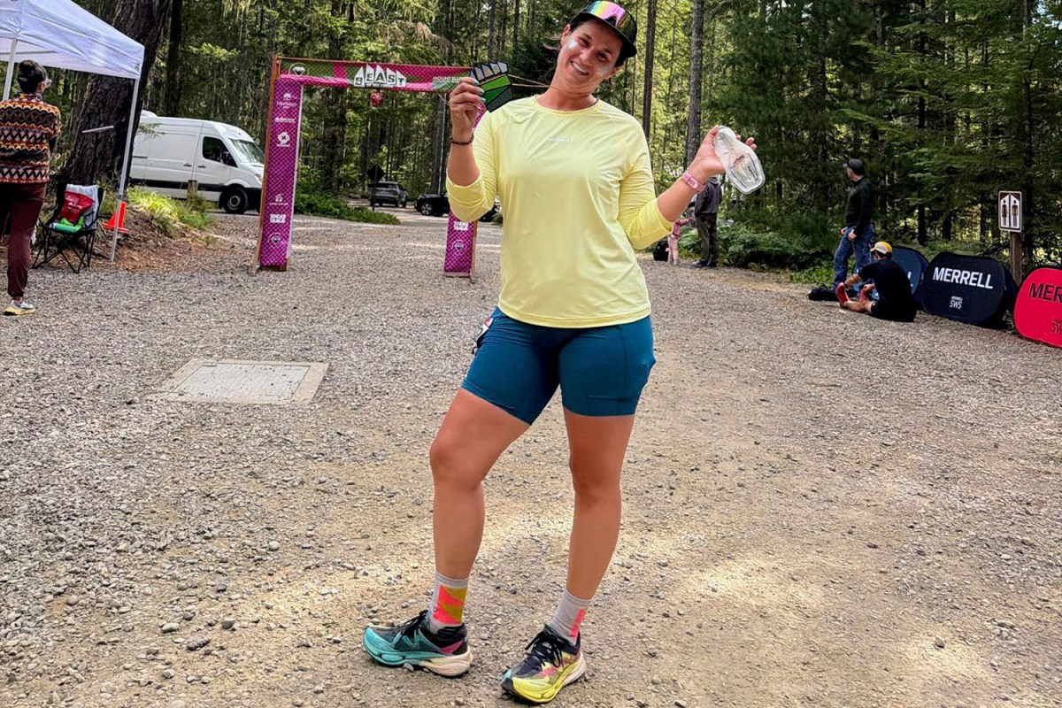 Runner wearing SpeedArc Peak shoes after a trail race