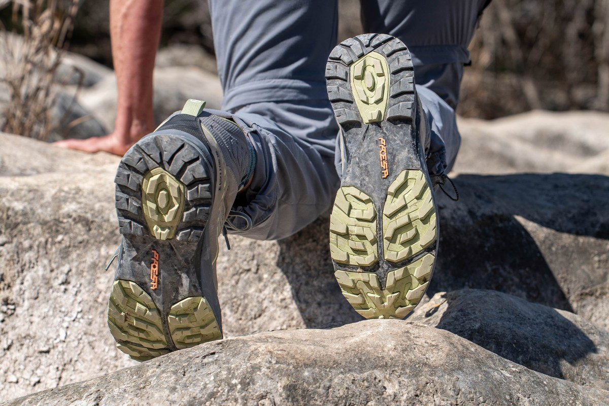 field testing the traction of the SCARPA Rush 2 Pro Mid GTX on boulders