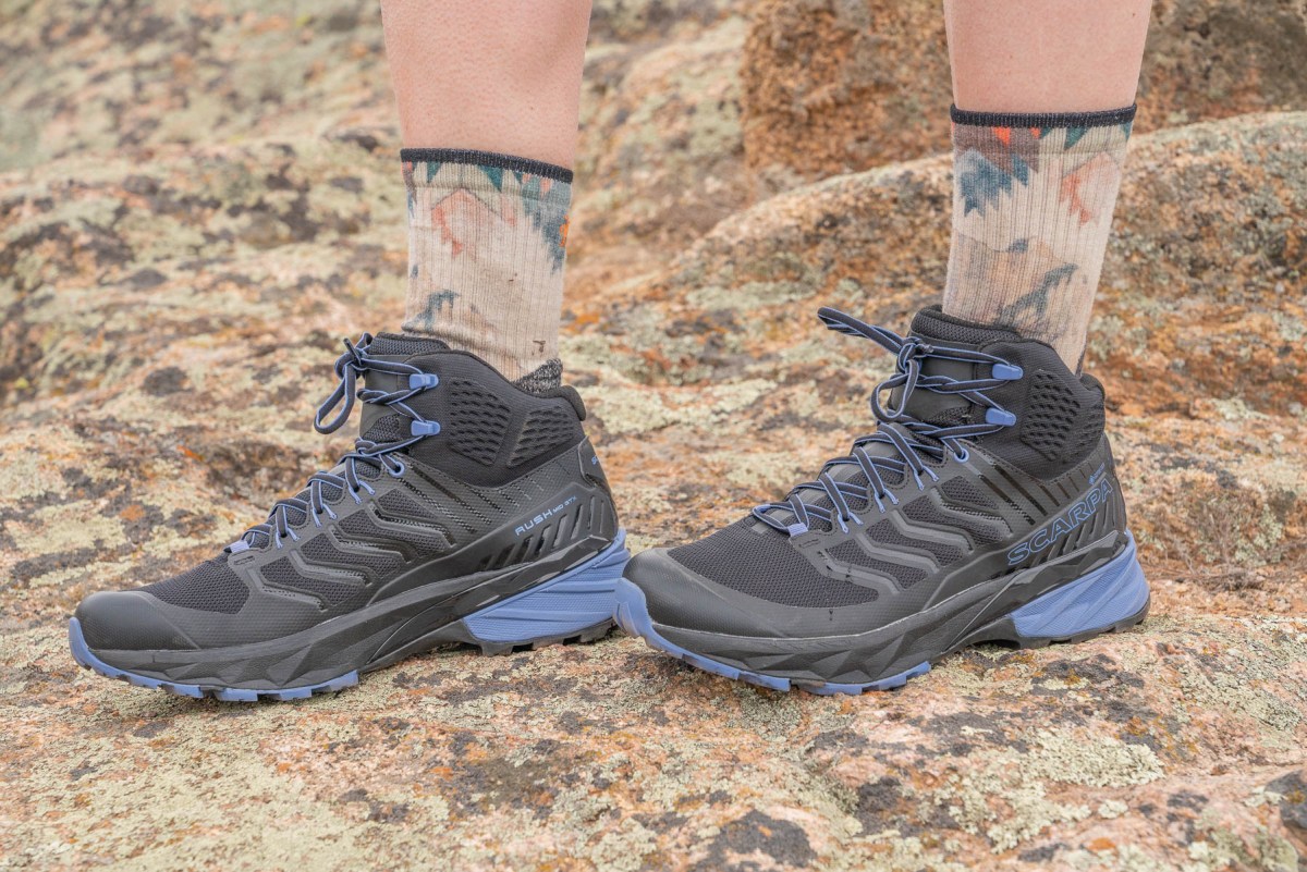 testing the women's SCARPA Rush Mid GT hiking boot on a talus field in California