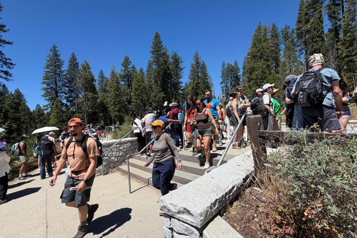 groups of people at parking plaza in Yosemite