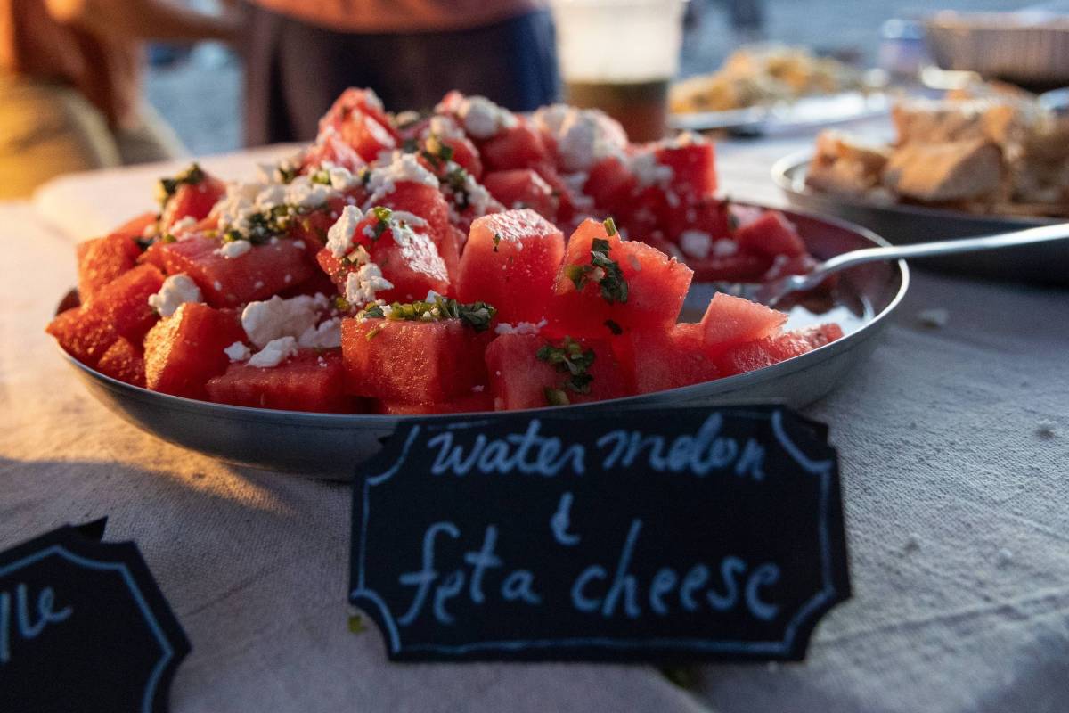 dish of watermelon and feta salad