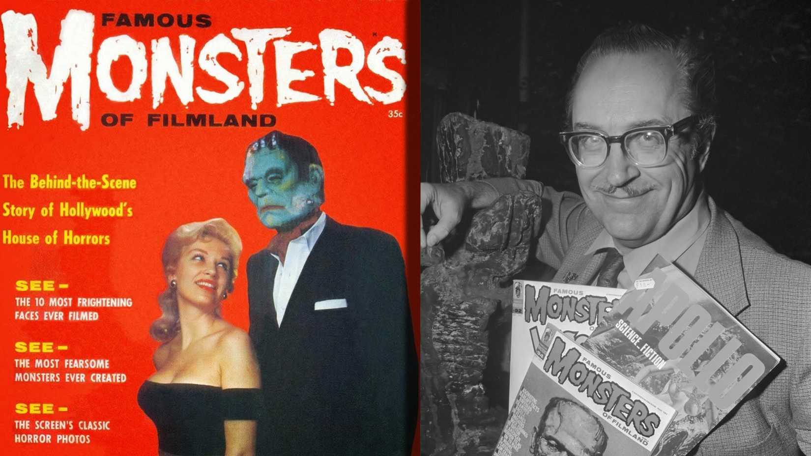 The first Famous Monsters of Filmland cover beside a photograph of editor Forrest J Ackerman holding science-fiction and horror magazines.