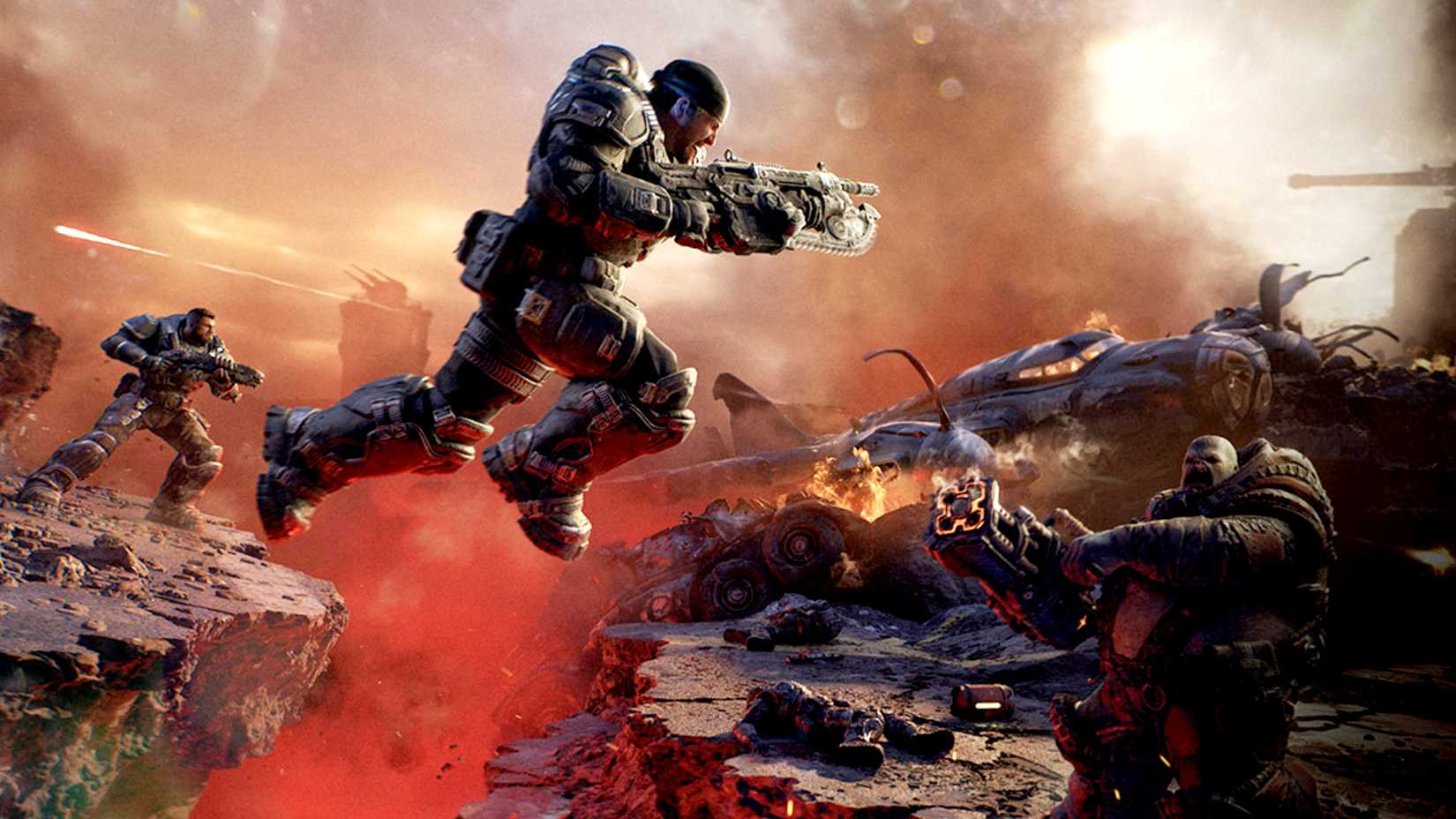Marcus Fenix leaps across a ruined battlefield while firing a Lancer at a Locust soldier.