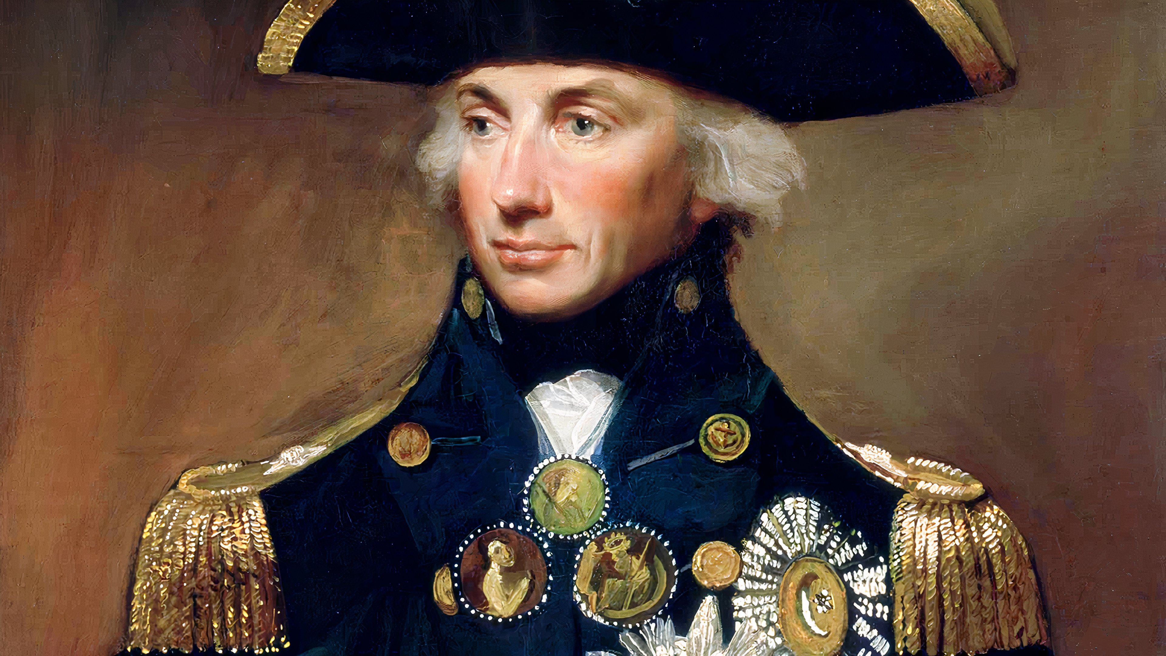 A painted portrait of British Adm. Horatio Nelson wearing a dark naval uniform, gold epaulets, medals and a decorated bicorne hat.