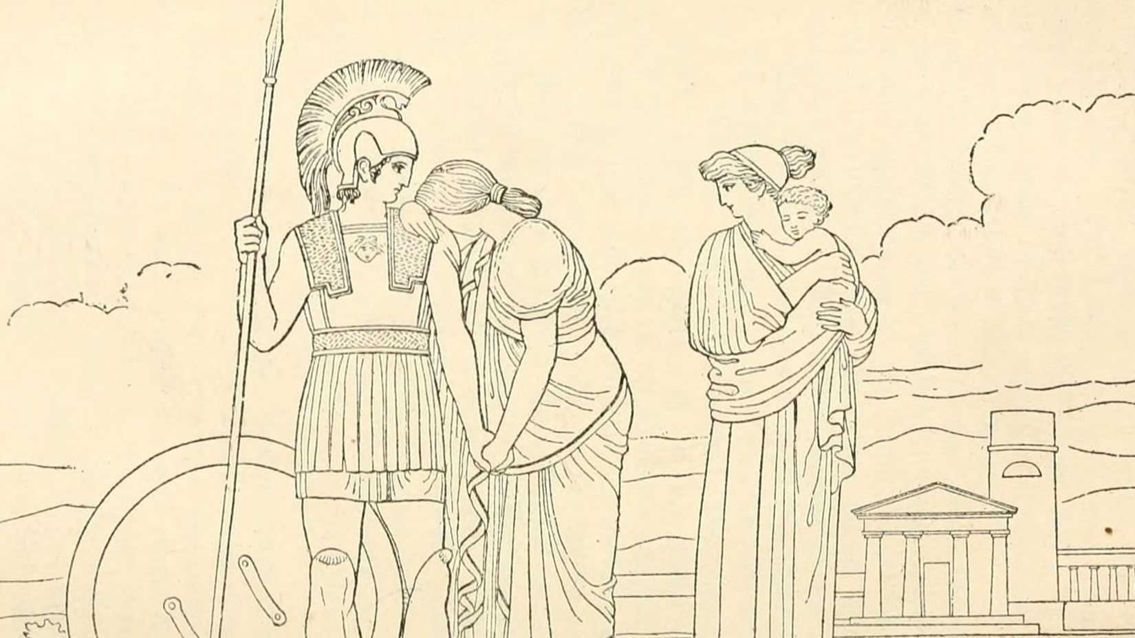 A helmeted Trojan warrior holding a spear stands beside a grieving woman while another woman carries a small child.