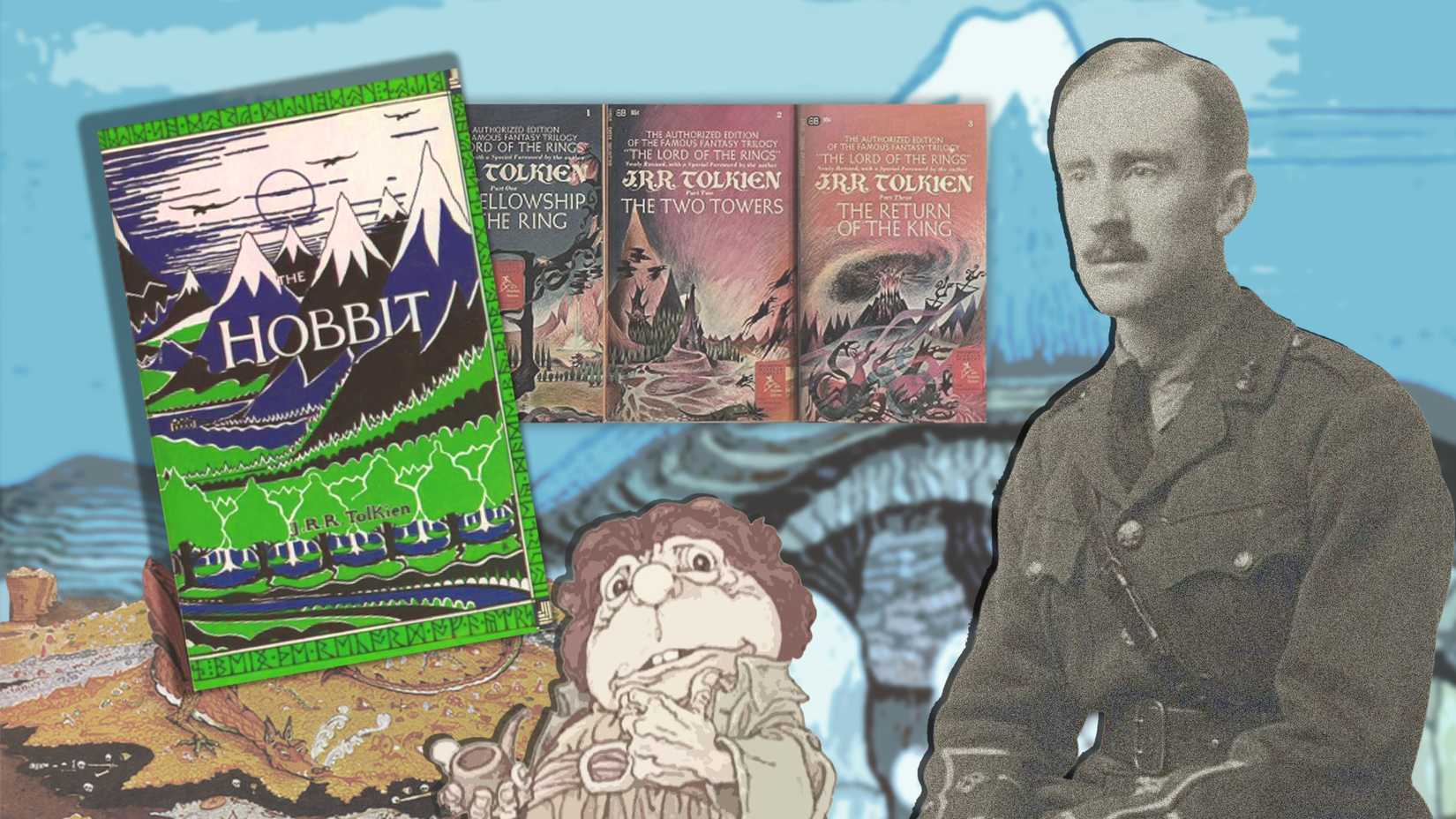 J.R.R. Tolkien appears in World War I uniform beside The Hobbit, The Lord of the Rings trilogy and Middle-earth artwork.