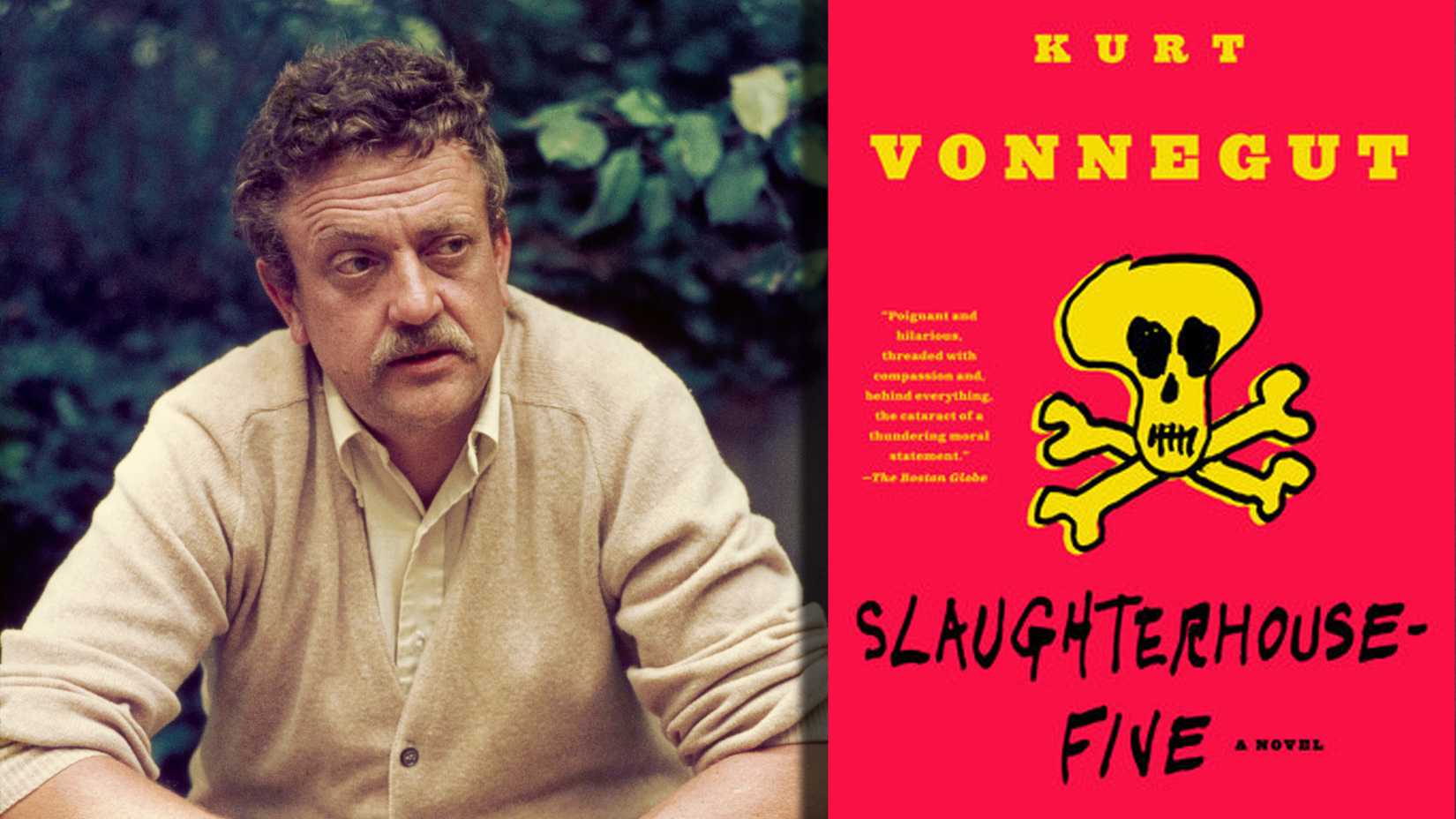 A portrait of Kurt Vonnegut beside the red-and-yellow Dell paperback cover of Slaughterhouse-Five.