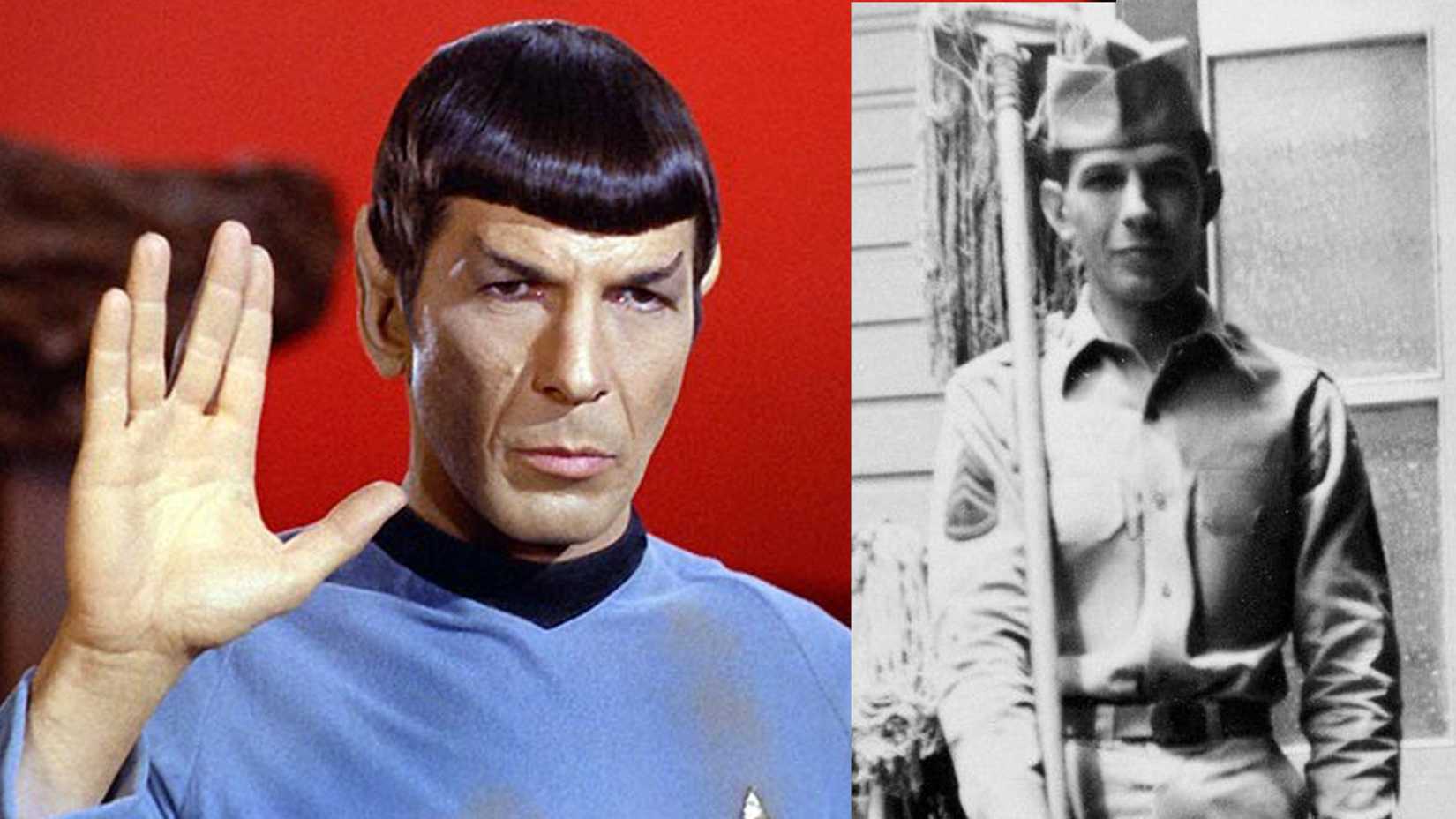 Leonard Nimoy gives the Vulcan salute as Spock beside a black-and-white photograph of him in an Army uniform.