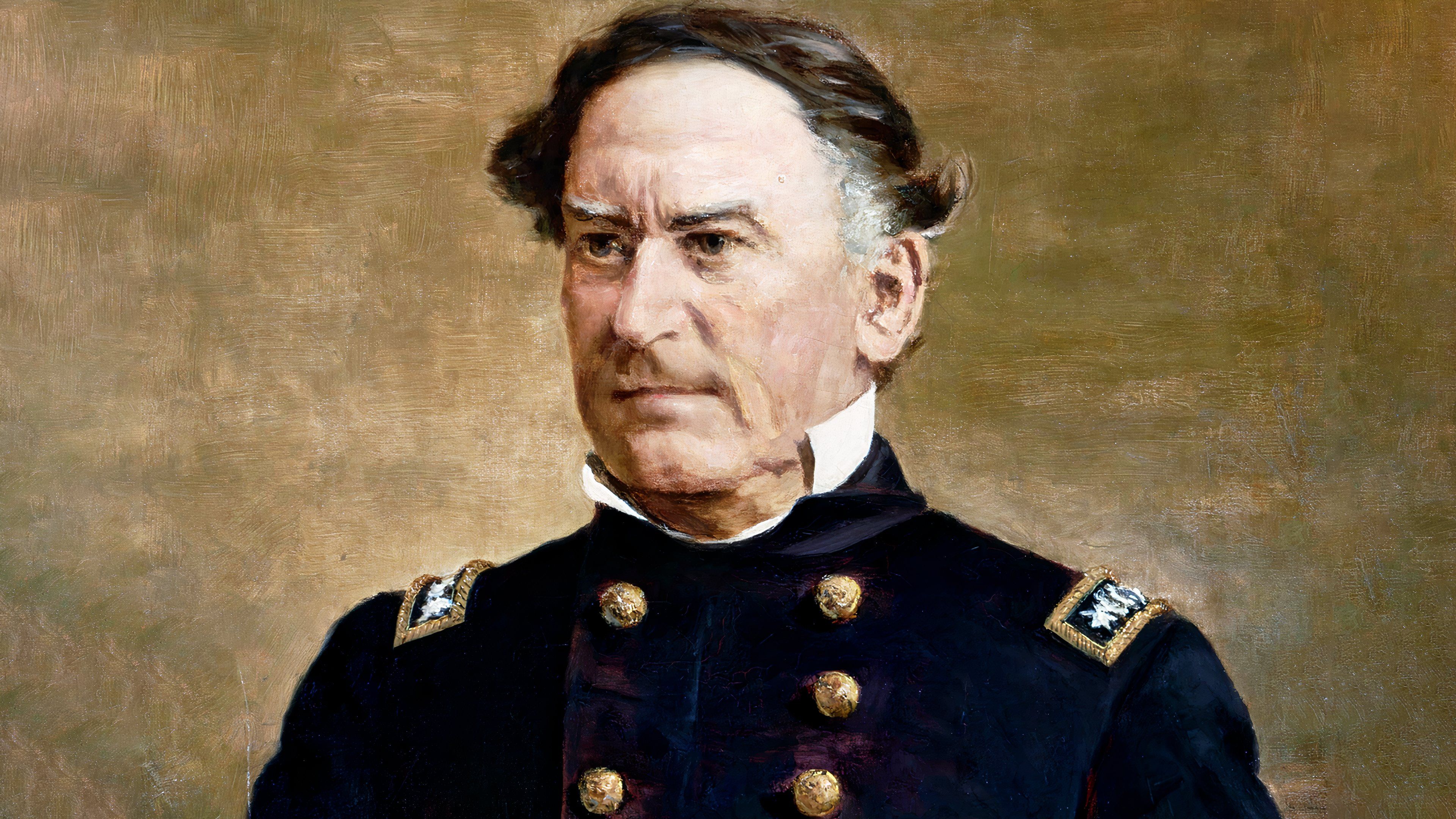 An oil portrait of U.S. Navy Adm. David Glasgow Farragut wearing a dark double-breasted naval uniform with gold buttons and shoulder insignia.