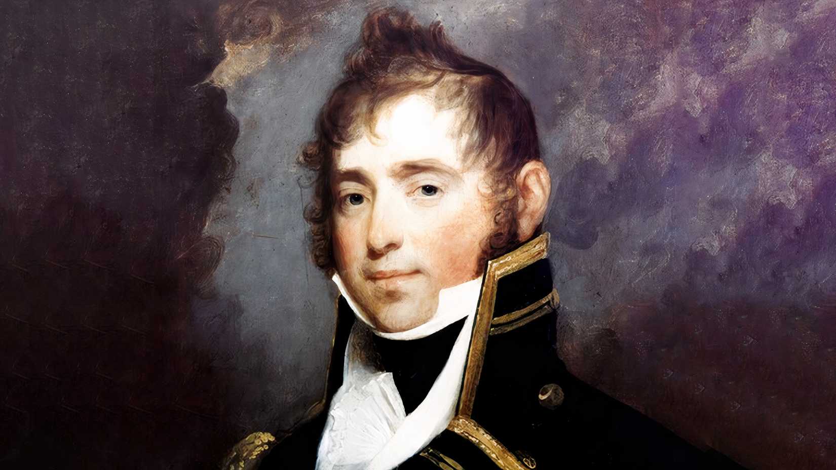 A painted portrait of U.S. Navy Capt. James Lawrence wearing a dark naval uniform with gold trim and a high white collar.
