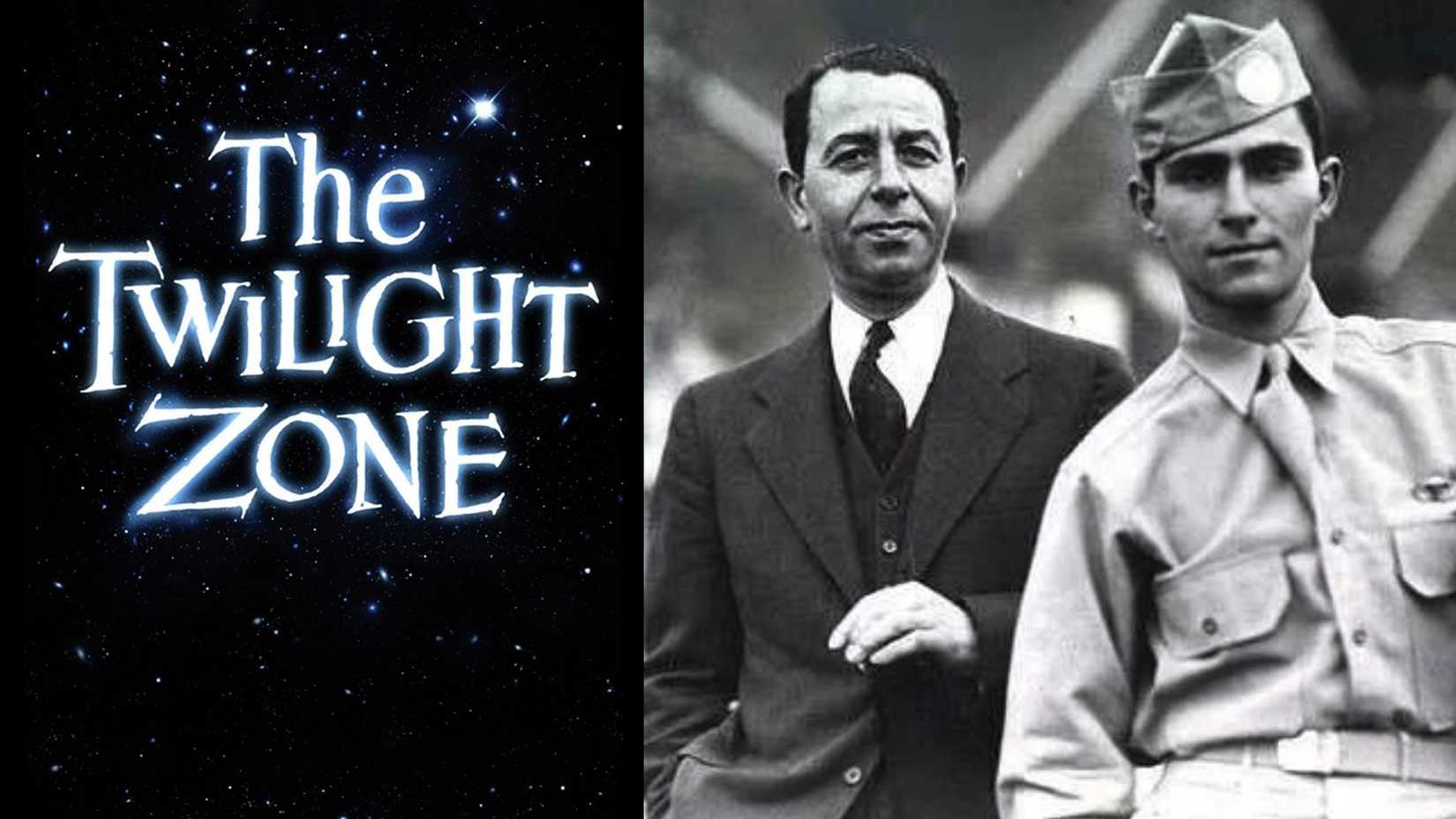 The Twilight Zone title card beside a 1943 photograph of Rod Serling in Army uniform with his father, Sam.