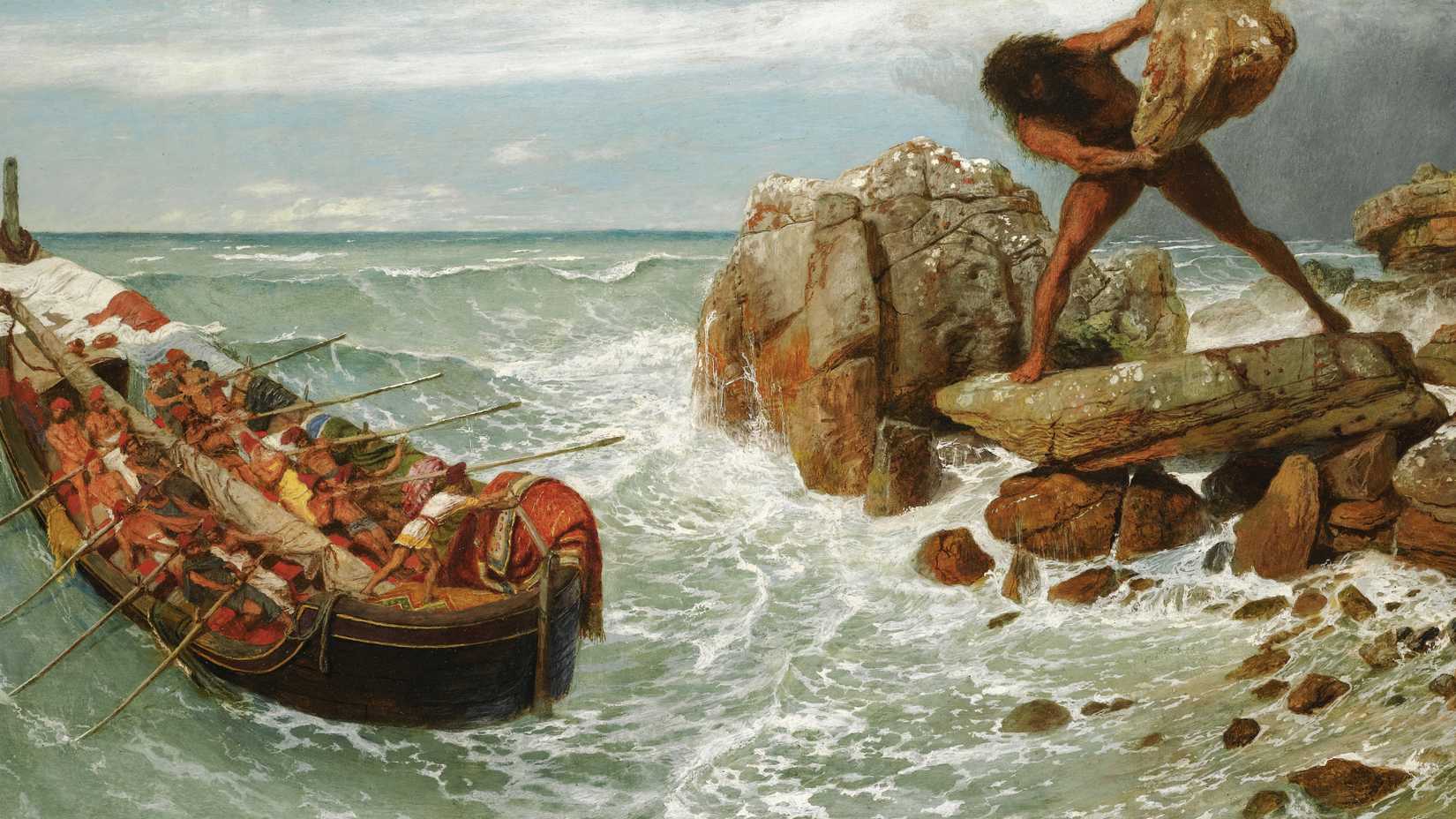 A giant raises a boulder above the surf while a crowded ship rows away from a rocky island.