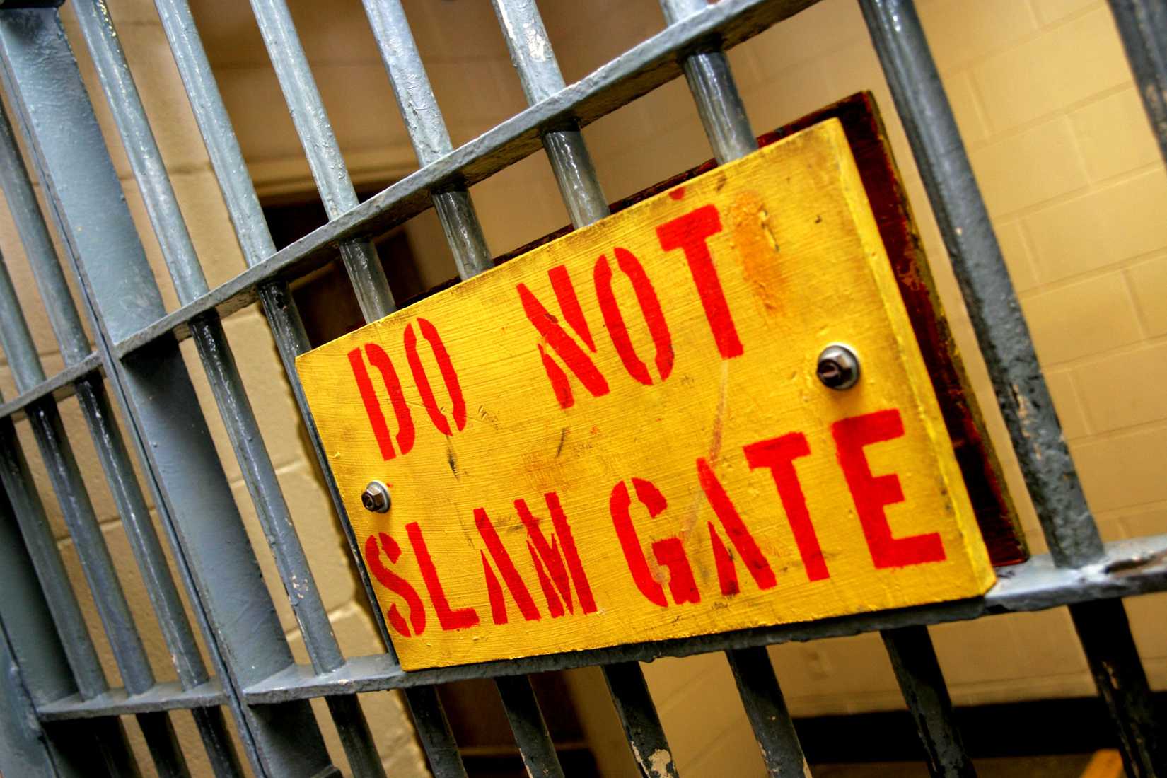 The metal bars of a jail cell in a U.S. Marine Corps brig. 
