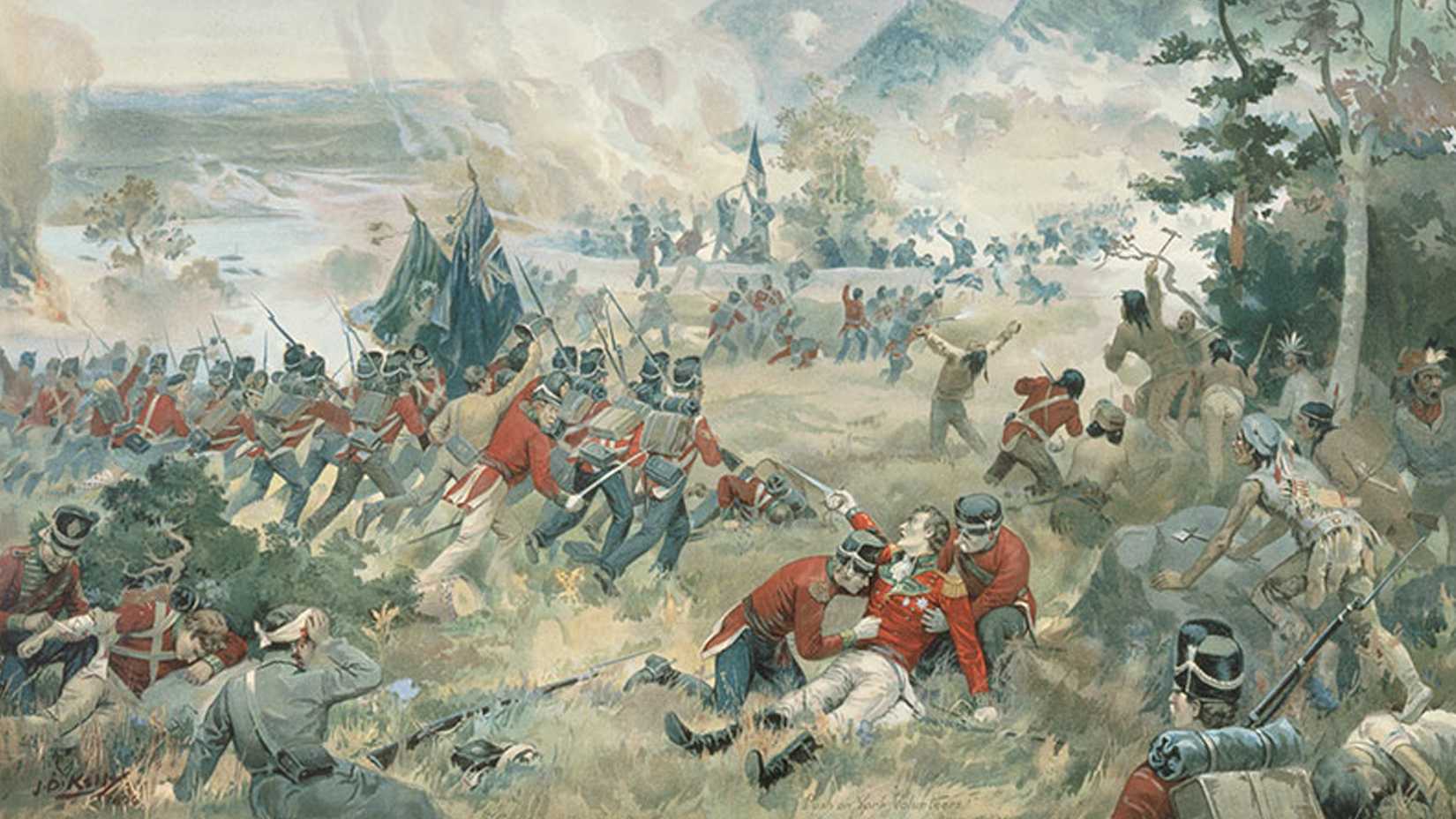 Painting of American and British forces fighting at the Battle of Queenston Heights during the War of 1812.